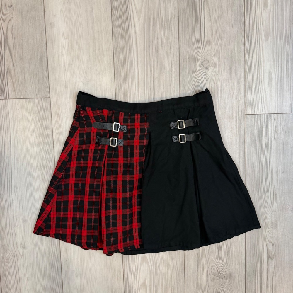 Hot Topic Red Plaid Black Split Pleated Mini Skirt Buckle Straps Punk Goth XL